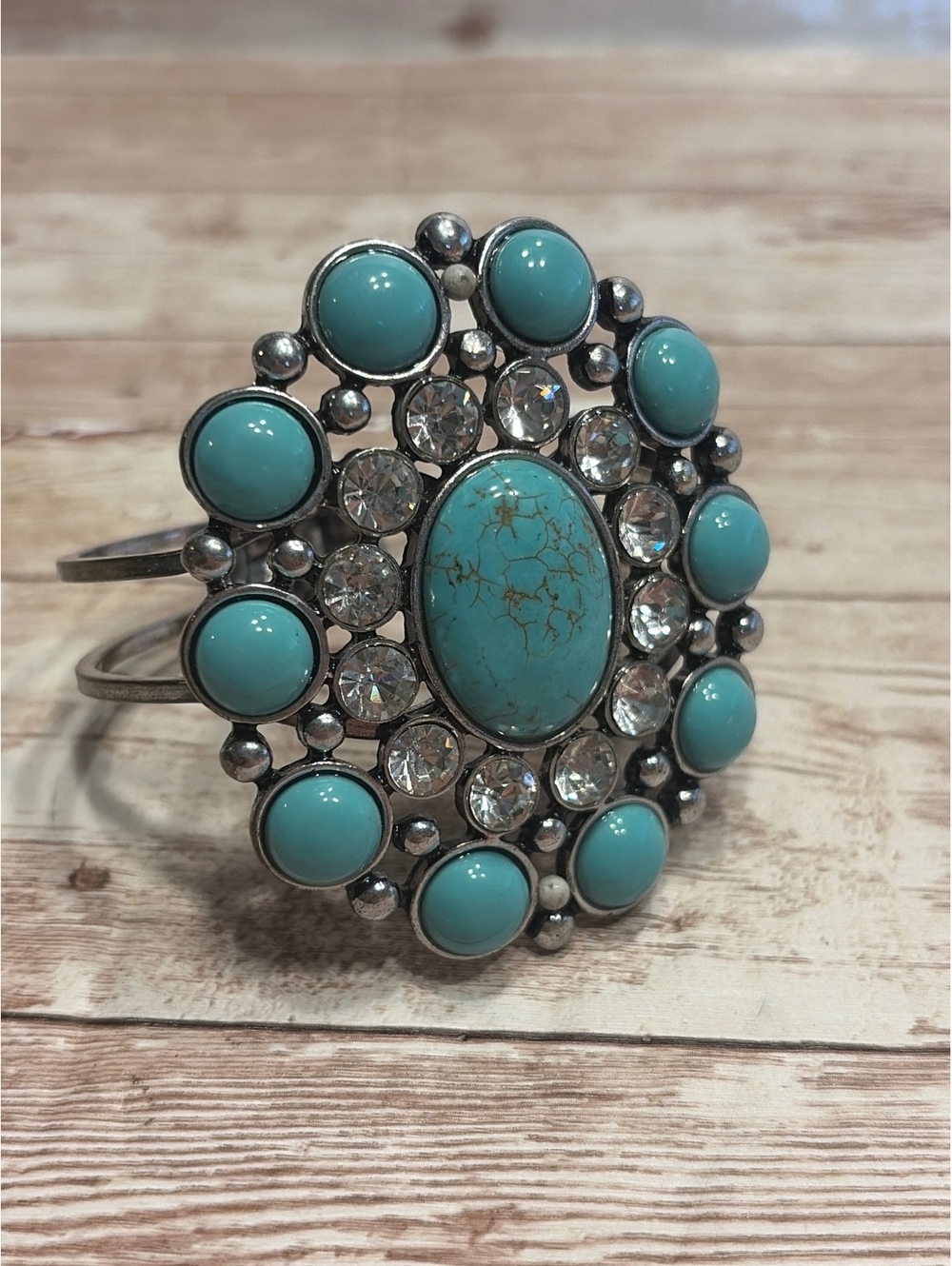 Turquoise Inspired Silver Tone Cuff Bracelet with rhinestones